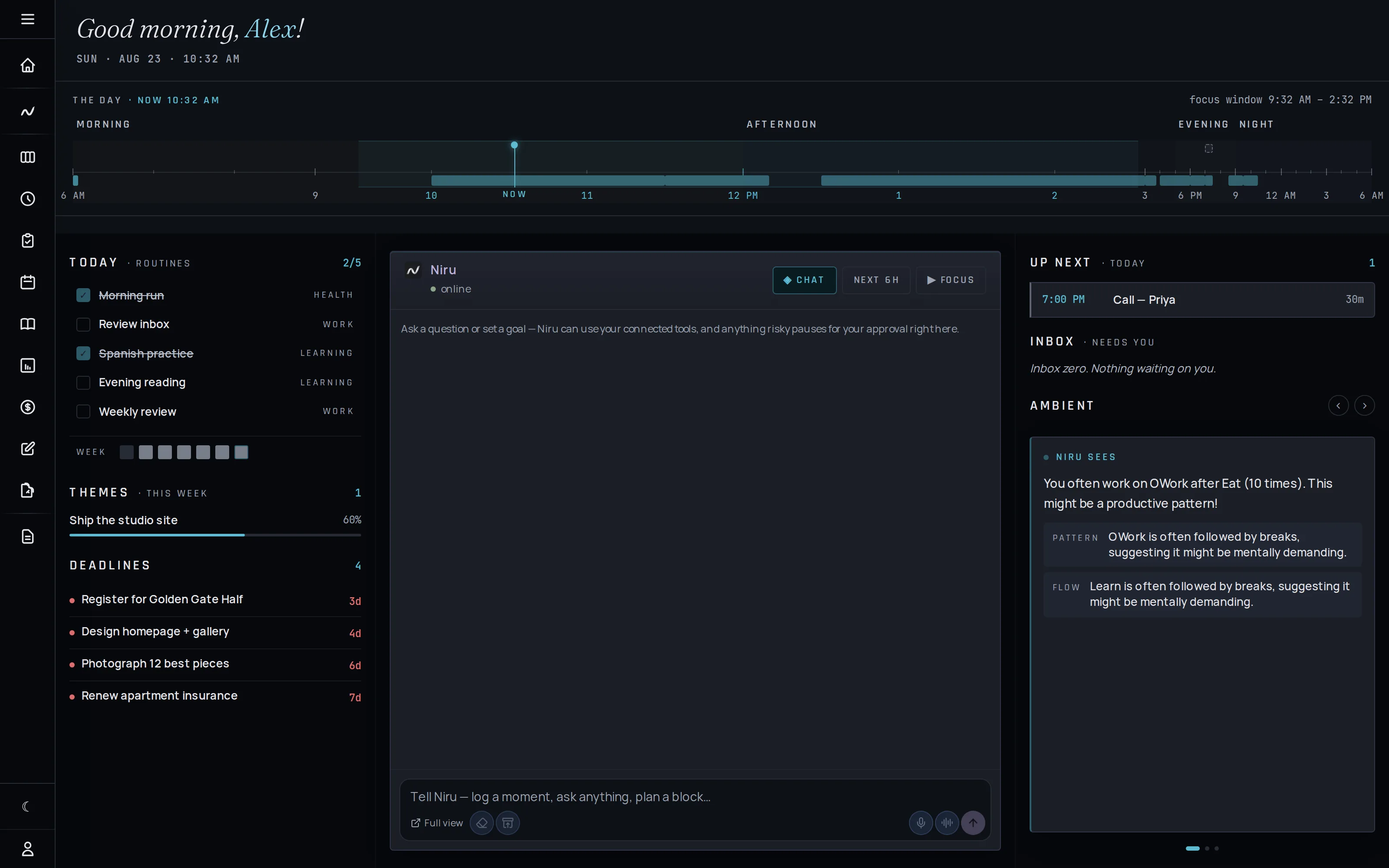 The heyniru home surface, a demo workspace